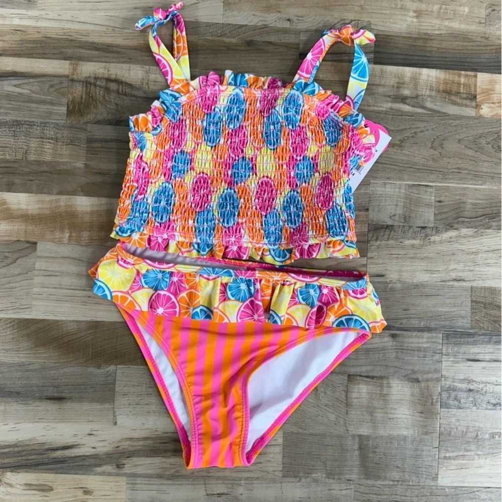 NWT Betsey Johnson Swimsuit 2 Pc Girls 14 Smocked Neon Fruit & Stripes Mix Print